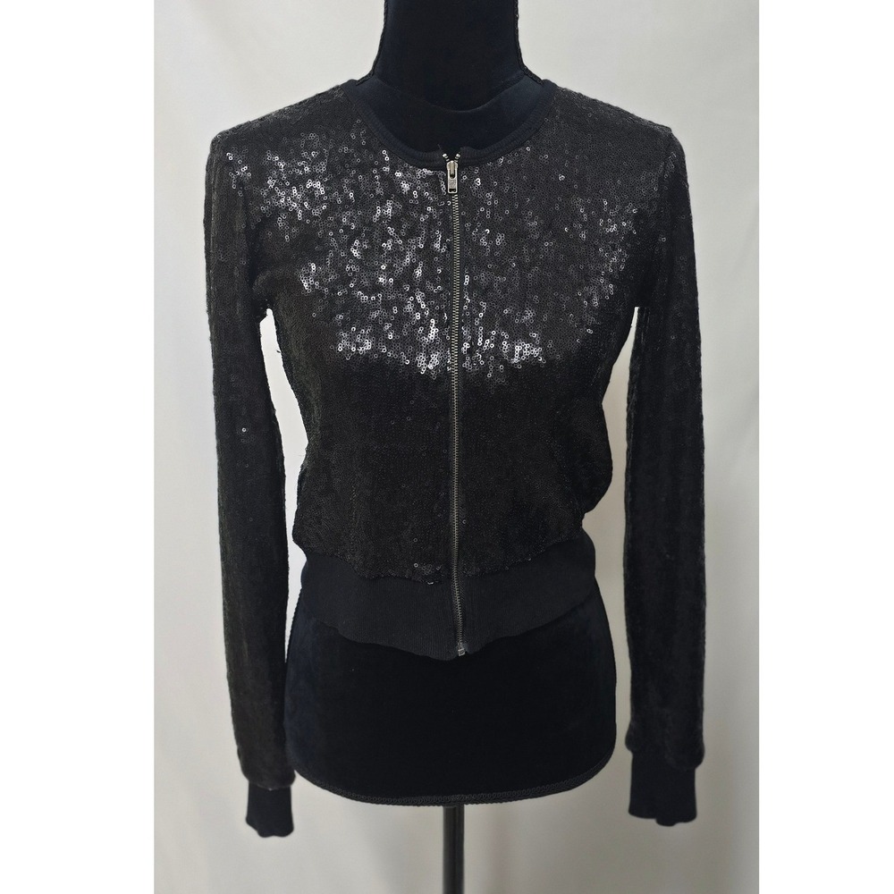 Jessica Simpson Bobbie‎ women XS zip up black sequin bomber jacket indie sleaze